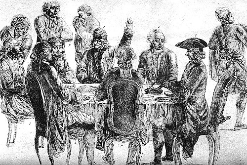 Дидро, Вольтер, Кондорсе и ла Гарп за столиком в кафе Прокоп / Источник: wikipedia.org