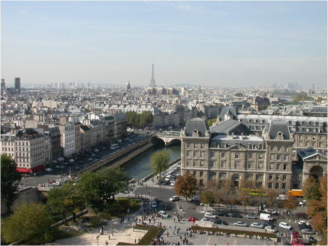 Париж. Вид с башен Собора Нотр-Дам-де-Пари на набережную Сены и Эйфелеву башню
