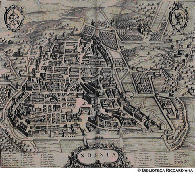 Карта города Норсии. Гравюра выполнена типографским домом Иоана Блау, Амстердам, 1635 г